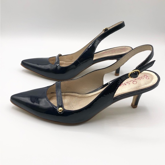Lily Pulitzer Navy Patent Leather Pointed Toe Sling Back Kitten Heel Size 6.5 - Picture 2 of 8